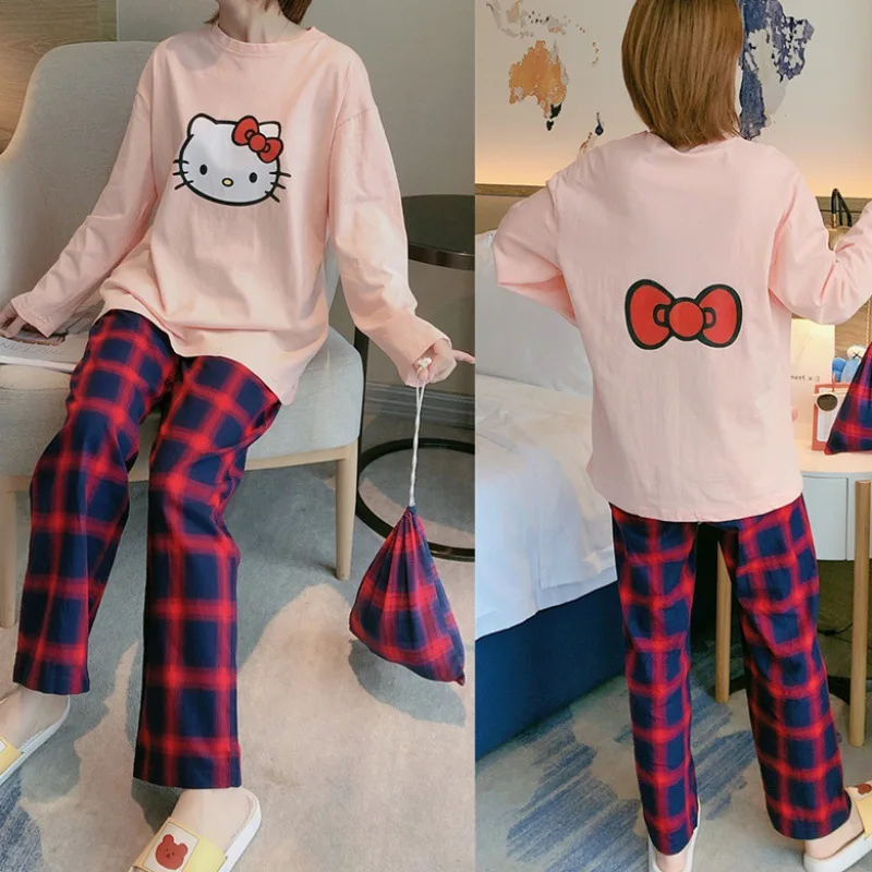 

Kawaii Hello Kitty мультфильм Удобная Пижама женская с длинными рукавами мультфильм весна и осень Домашняя одежда костюм из двух частей