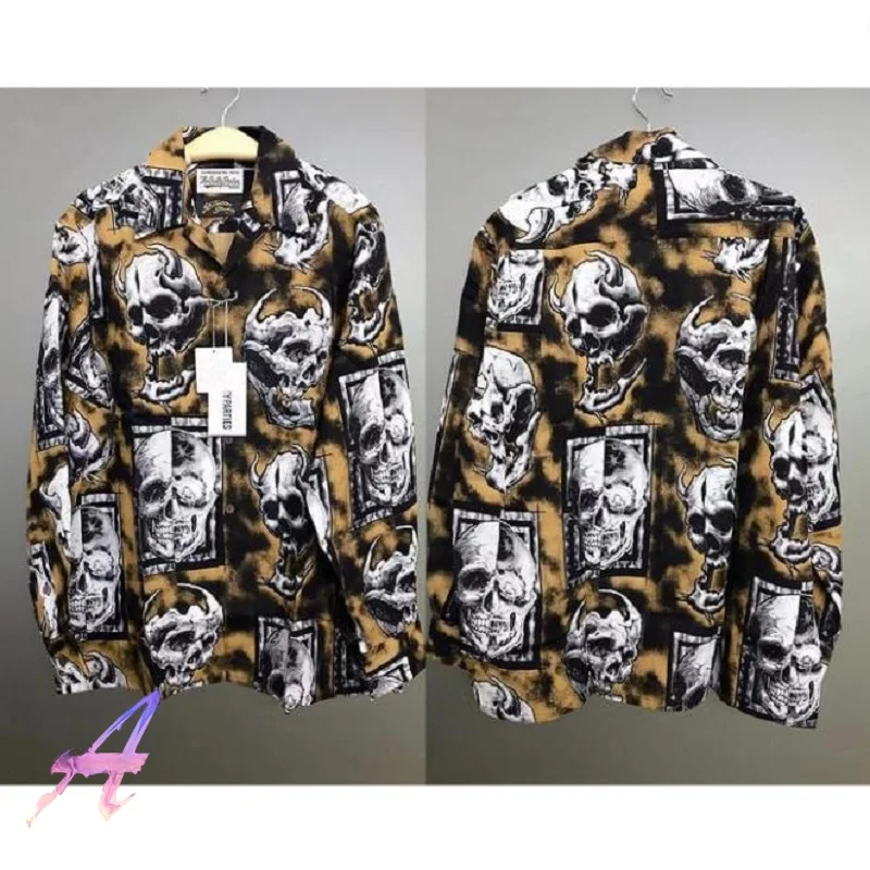 

Рубашки WACKO MARIA, Гавайские рубашки с длинным рукавом и черепом, уличная одежда большого размера в стиле хип-хоп для мужчин