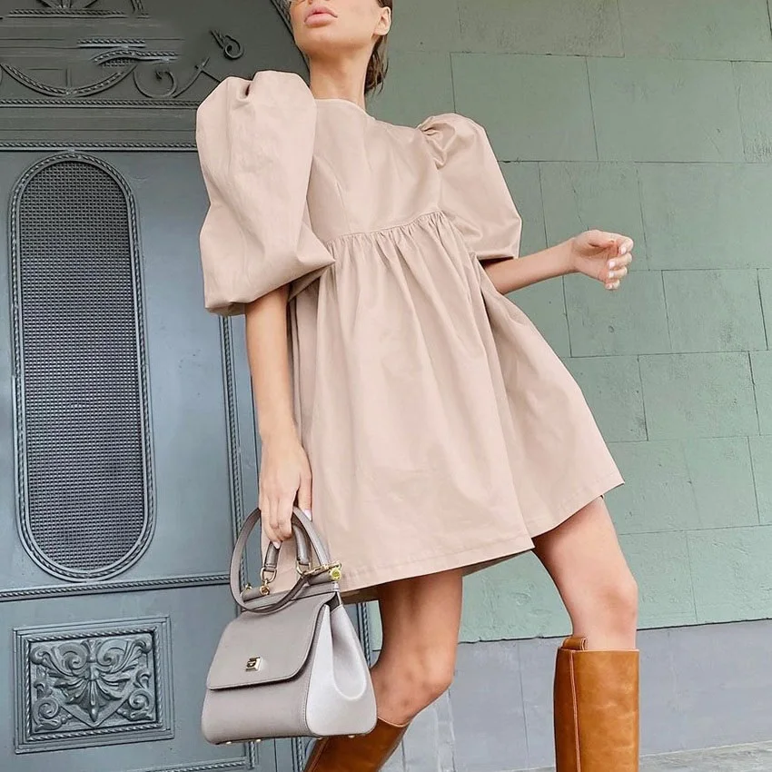 

Green O Neck Casual Women Dress Lantern Short Sleeve Solid Pink Mini Dress Ladies Elegant A Line Summer Dresses Cotton 2022