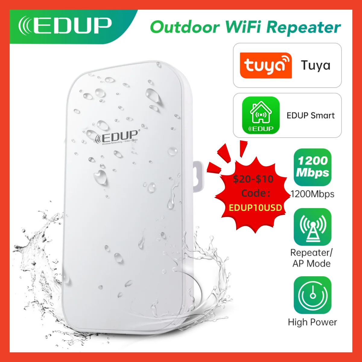 EDUP 1200Mbps Outdoor WiFi Repeater High Power 23dBi Output with Tuya APP WiFi Extender Amplifier 5G&2.4G Waterproof 64 Users