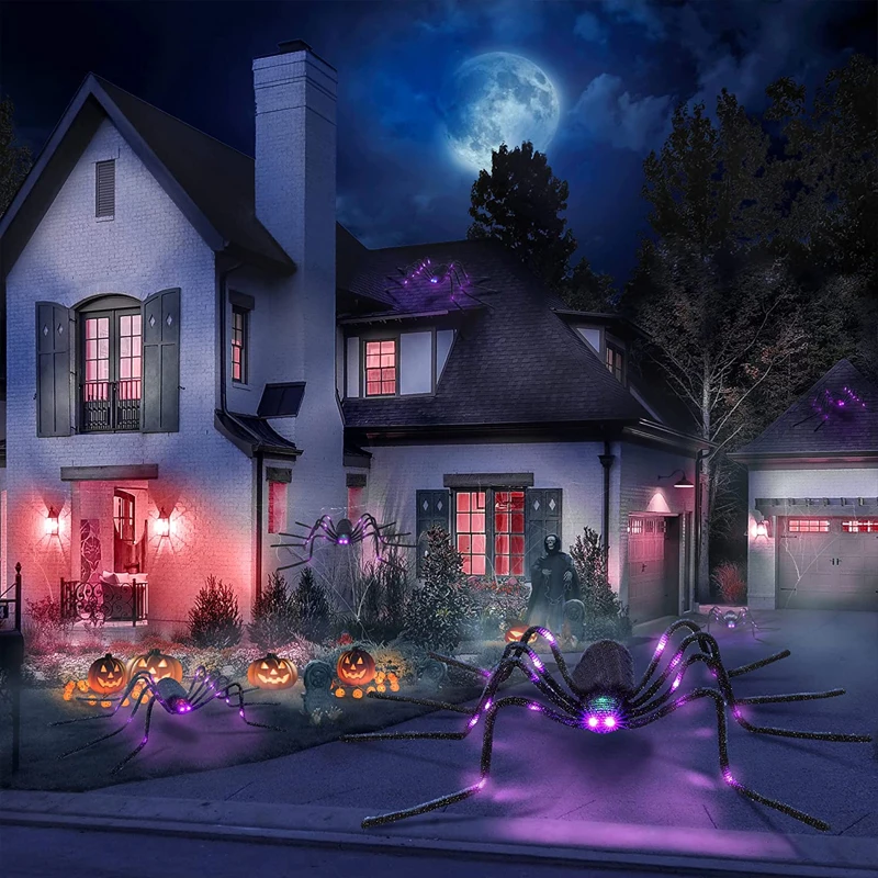 Halloween Decoration Haunted Props Black Scary Giant Simulation Spider With Purple LED Light Indoor Outdoor Haunted Decoration 6