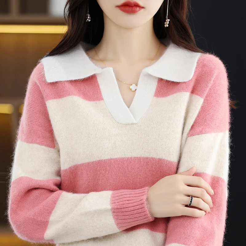 

BELIARST 2023 Осень/Зима Новая женская одежда с воротником поло цветной блочный свитер 100% норковый кашемировый вязаный пуловер Джемпер