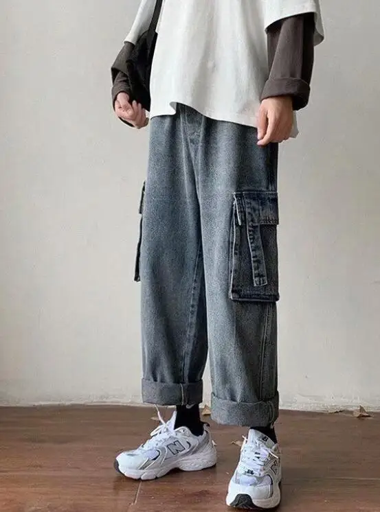 Retro Washed Workwear Jeans Men Trend Loose Wide Leg Nine Points Pants Baggy Jeans