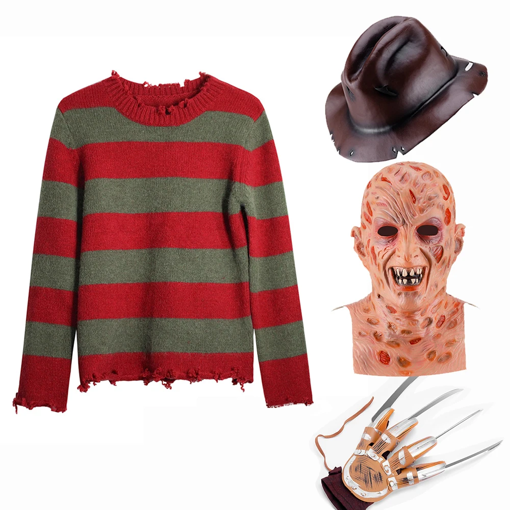 

Terror Freddy Cosplay Costume Adult Sweater Red Striped Knitting Top Coat Hat Mask Freddie Halloween Party Costume for Men