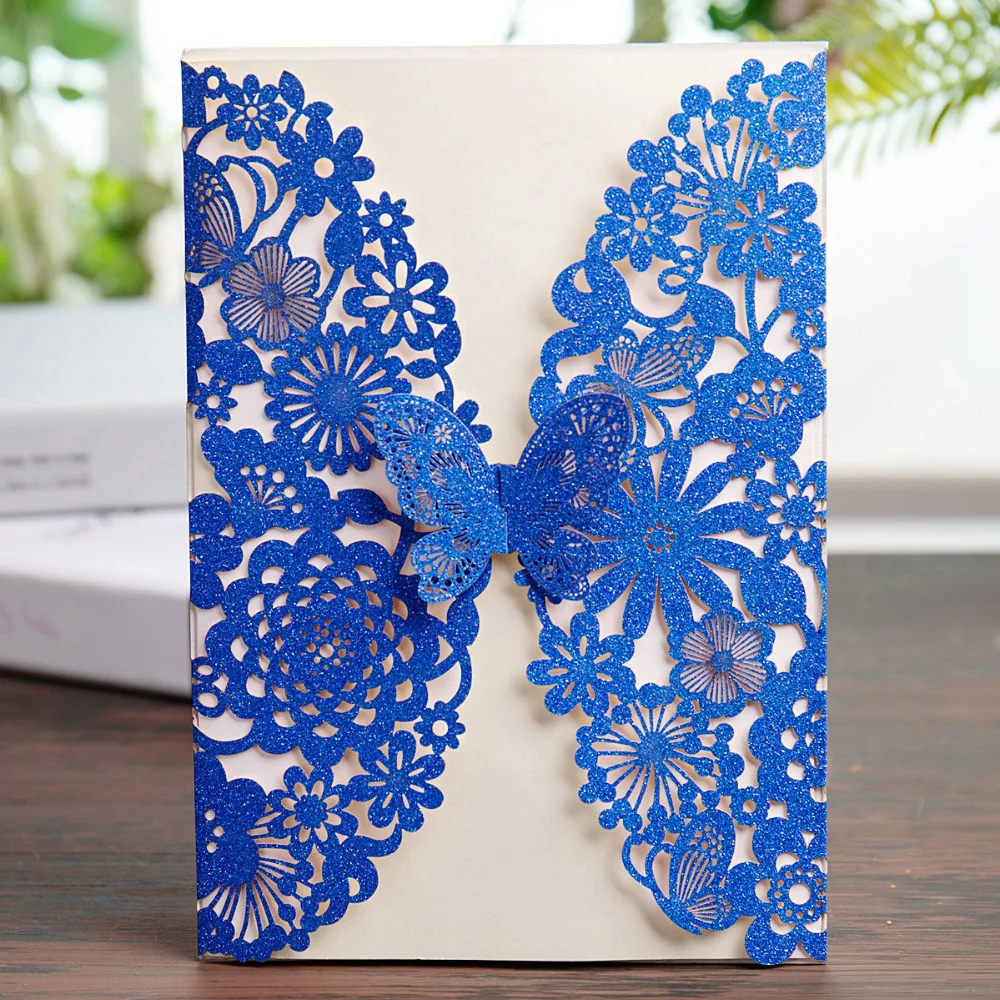 

Wishmade 50pcs Royal Blue Glitter Laser Cut Wedding Invitations with Butterfly Lace Flora Designs for Birthday Party Invites