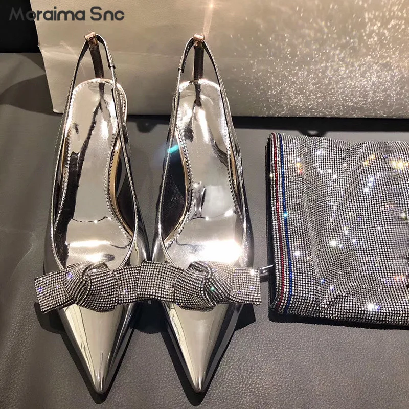

Silver-Toned Rhinestone Bow Sandals Pointed Toe Stiletto Heels Plus-Size Patent Leather Cutout Heel Fashion Women's Shoes