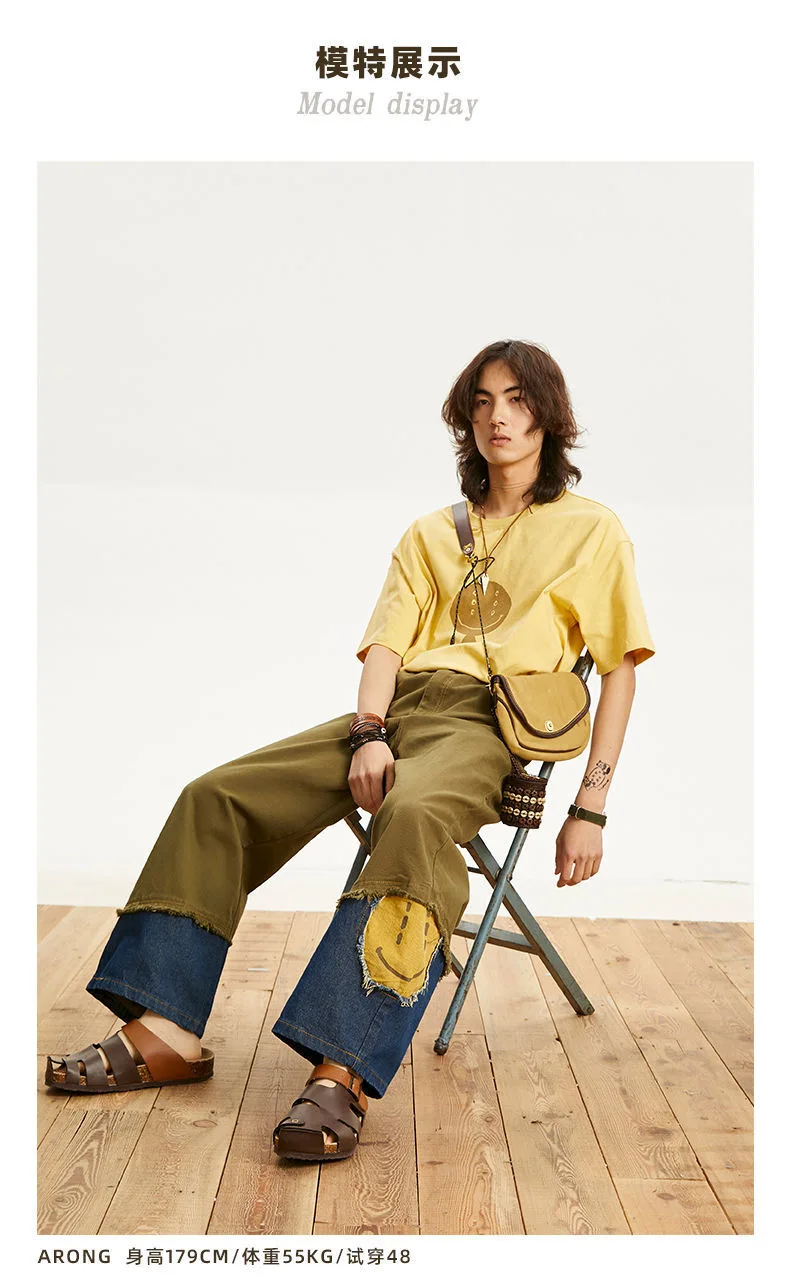 Jeans design sense men and women spring and autumn loose straight stitching design sense retro wide-leg pants hip-hop trousers