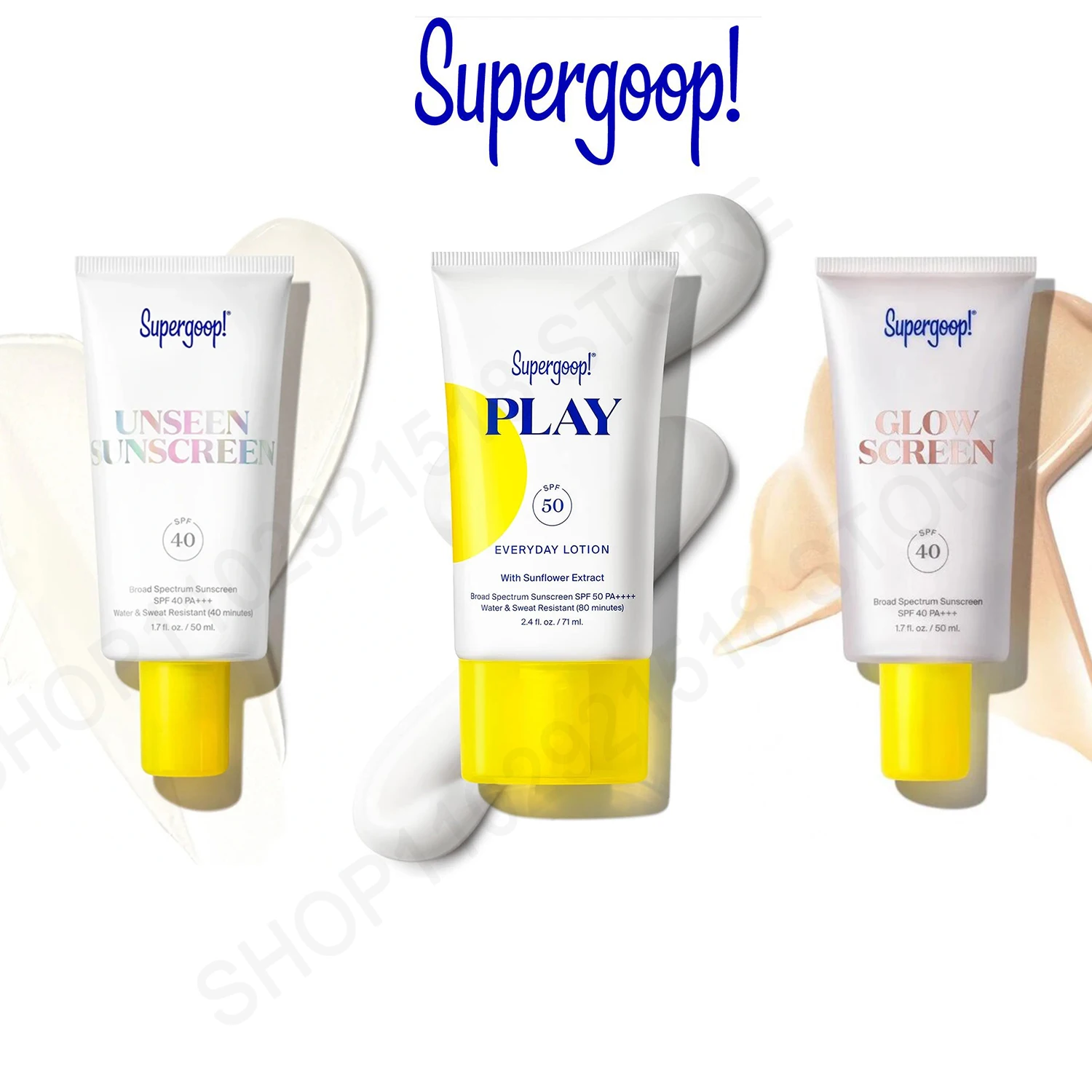 

3PCS Supergoop PLAY Everyday Lotion SPF 50 Broad Spectrum Body & Face Glowscreen & Unseen SPF 40 Sunscreen Active Days Skin care