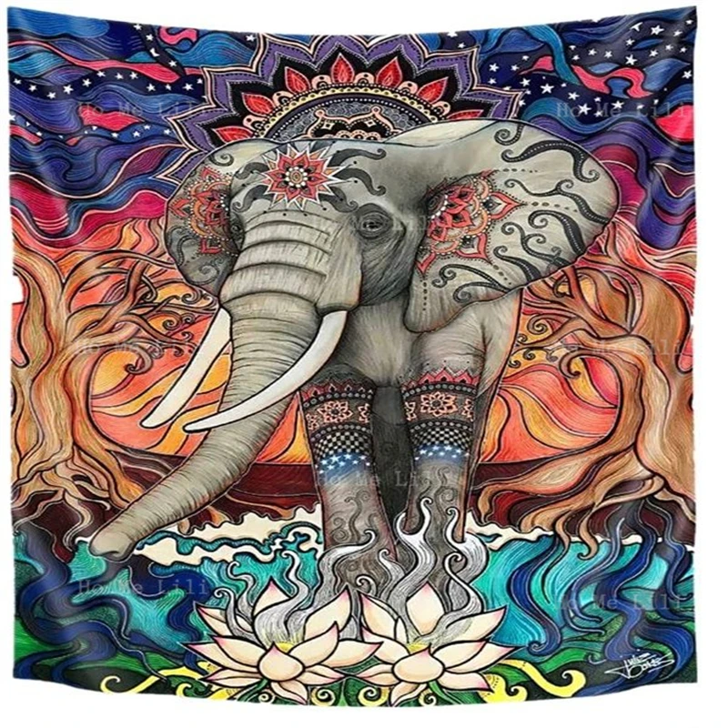 

Vivid Elephant Lotus Indian Boho Hippie Mandala Lion Head Portrait Black And Gold Tapestry Wall Hanging For Bedroom Home Decor