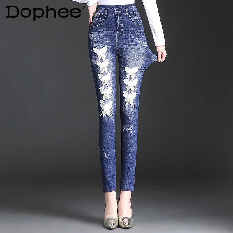 

2021 Fall Winter Imitation Denim Pants Women Butterfly Print Leggings Outer Wear Elastic Waist Skinny Velvet Pencil Jeans Pants