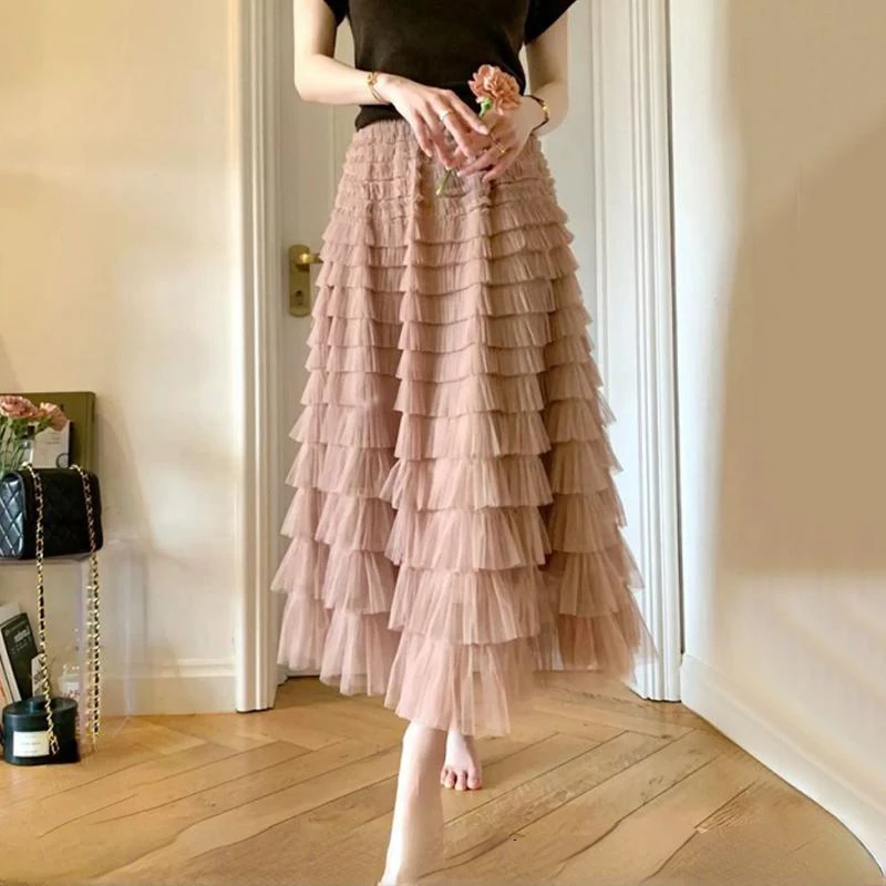 

Spring New Cake Skirts Women Elegant Cascading Ruffles A Line Long Skirts Female Casual Elastic Waist Party Female Lace Skirt