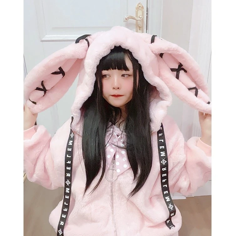 Japanese Cute Plush Coats Winter New Girl Sweet Rabbit Ears Thickened Warm Furry Cotton-Padded Coat Female Sweet Pink Fur Jacket