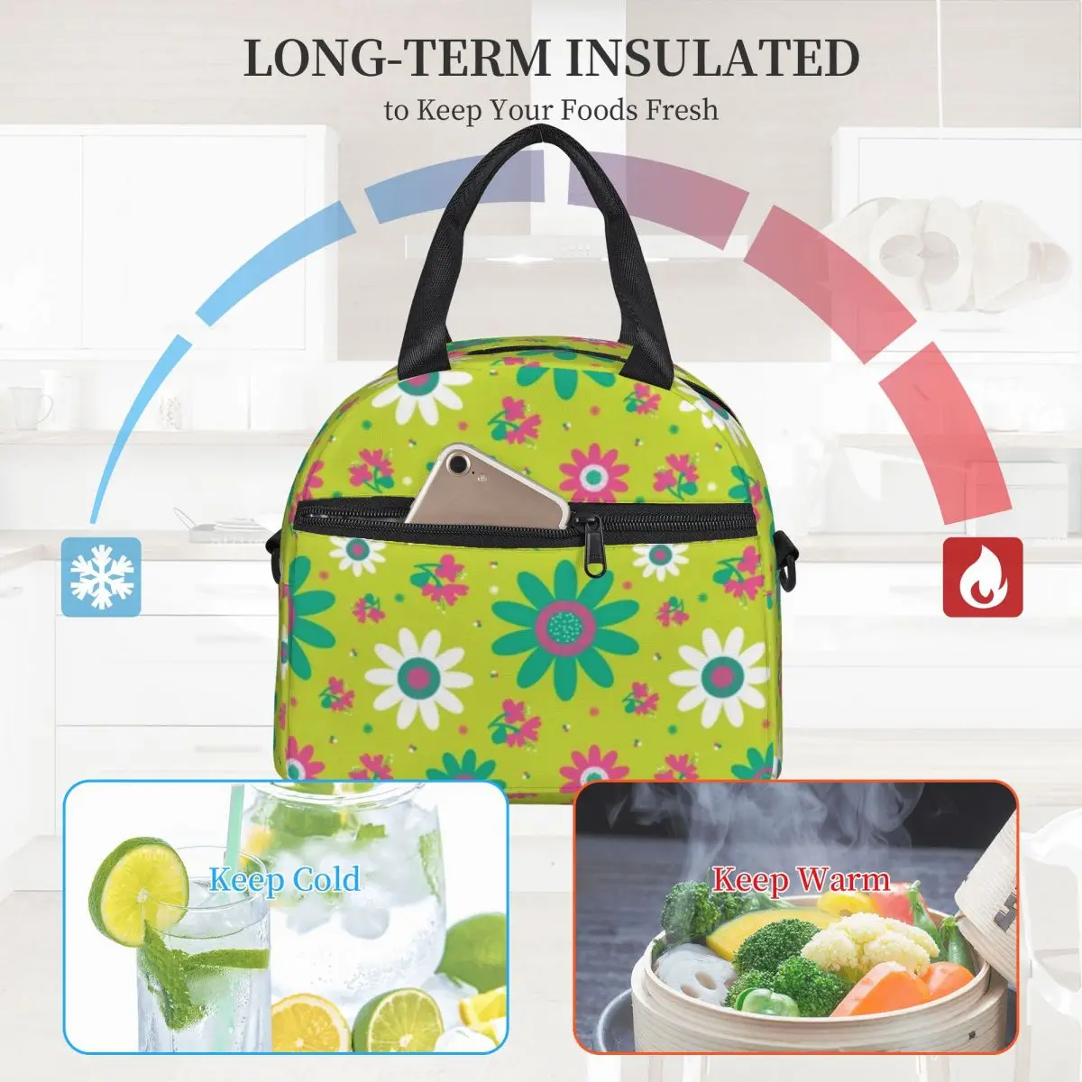 

Retro Peace 60s Lunch Bag with Handle Sunflower Floral Print Meal Cooler Bag Modern Carry School Thermal Bag