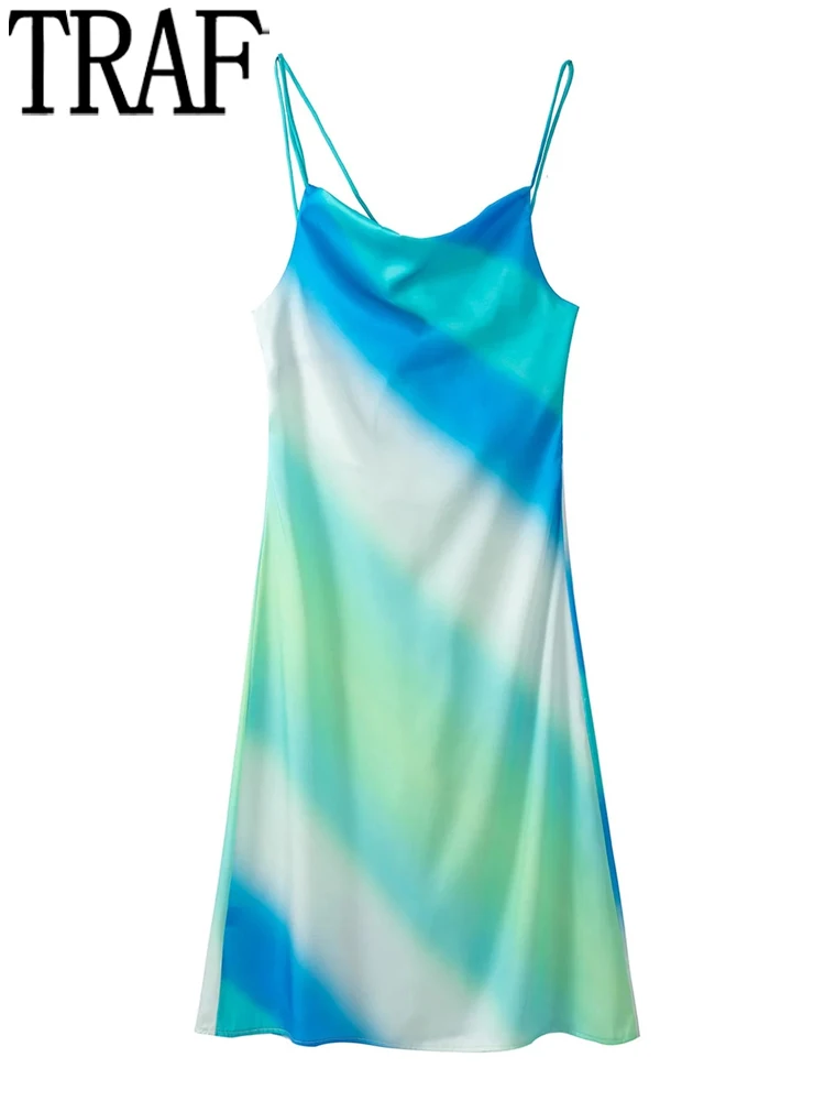 

TRAF Backless Satin Dress Woman Tie Dye Slip Beach Dress Sexy Summer Long Dresses For Women 2022 Sleeveless Midi Party Dresses