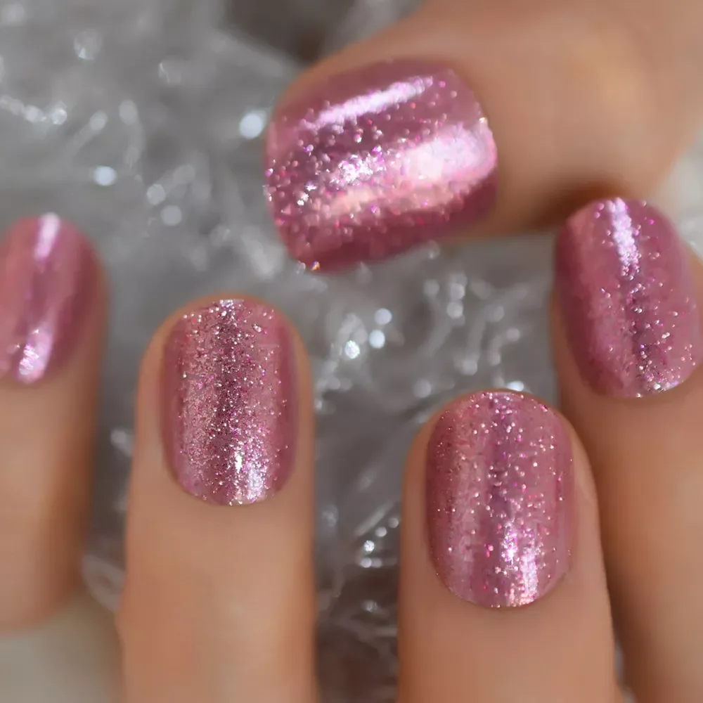 

Gorgeous Shimmer Rose Gold Fake Nails Short Round UV False Press on Nails for Girl Full Cover Easy Wear Finger Nail Art Tips