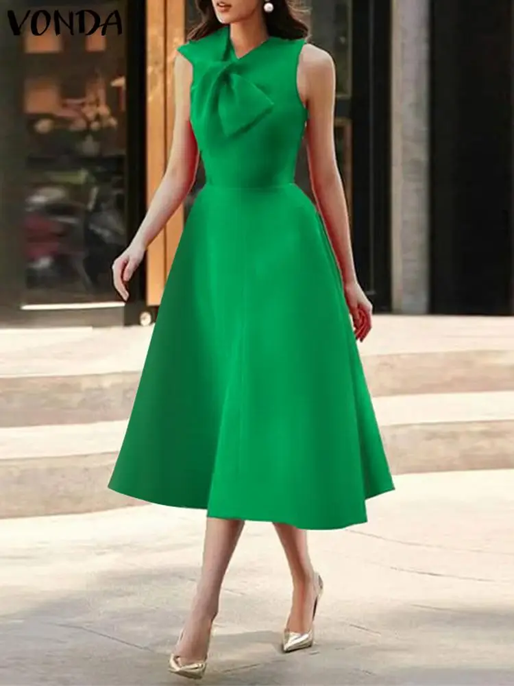 

Elegant Office Satin Dress Summer Women Fashion Dress VONDA 2023 Loose Midi Robe Femme Party Sundress Casual Vestidos Oversized