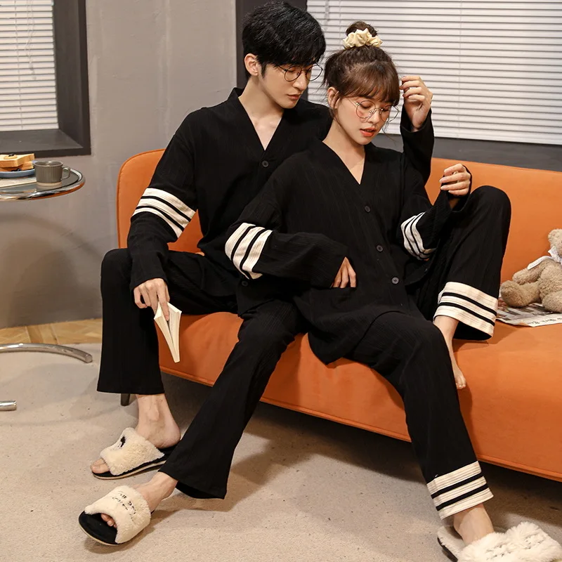 Couples Nightwear Men's Cotton Pajamas Set Kimono V Neck Women Pijamas Suit Autumn Home Clothes Japan Pjs Loungwear Freeship