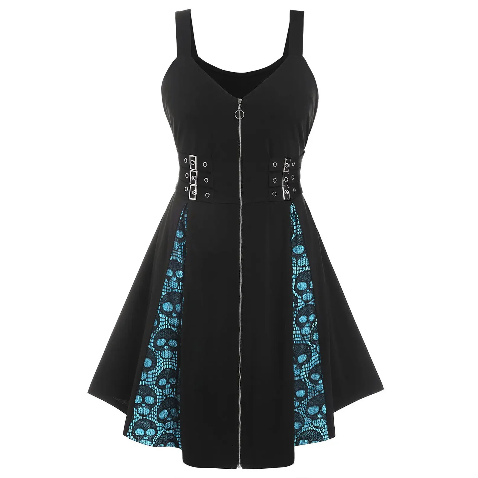 

New Fashion Women Dress Solid Color Patchwork Non-sleeve Round Neck Zipper High Waist Gothic Style Lady A-line Dress For Autumn