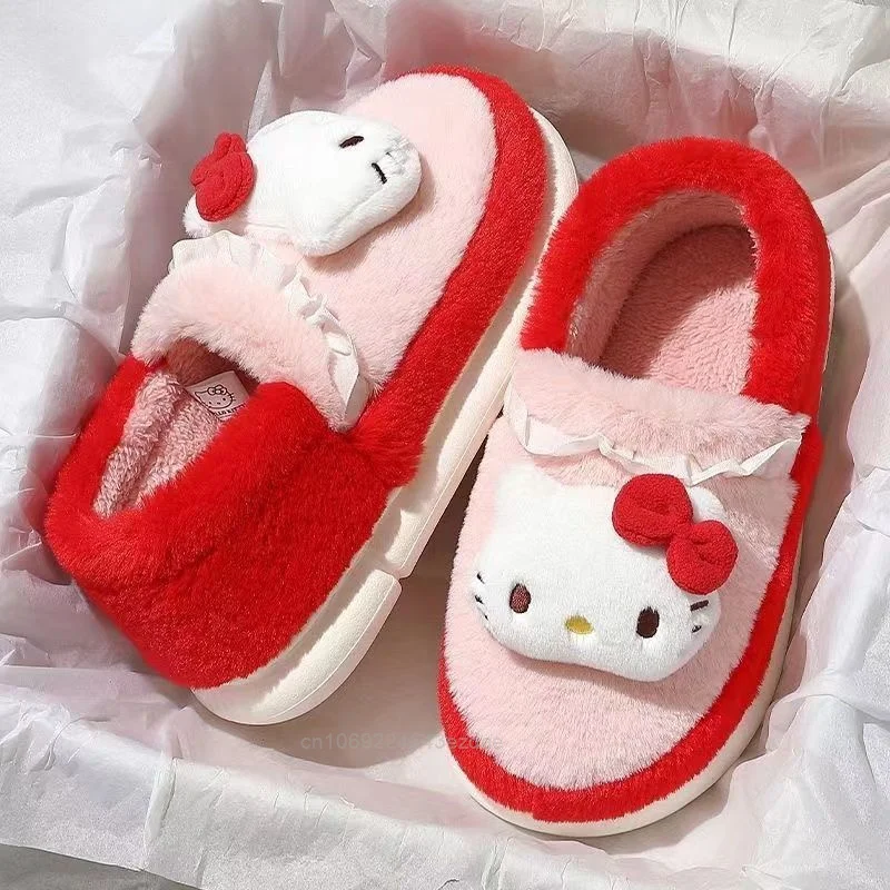 New Sanrio Kuromi Fashion Plush Slipper Women Warm Home Winter Thicked Shoes Girl Hello Kitty Cotton Indoor Full Coverage Shoes