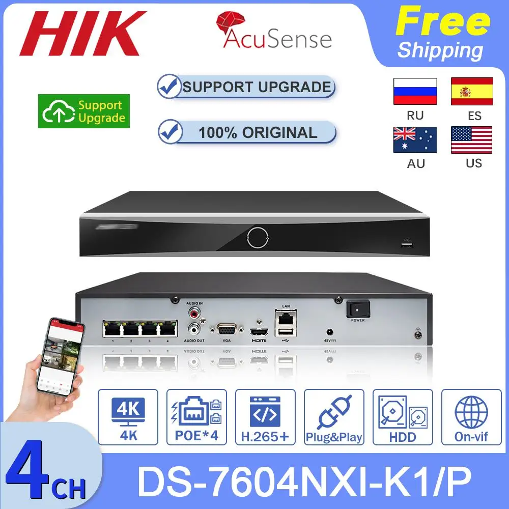 

Hikvision NVR 4CH 4K 8MP DS-7604NXI-K1/4P Acusense H.265+ Network Video Recorder For IPC P2P CCTV Surveillance System