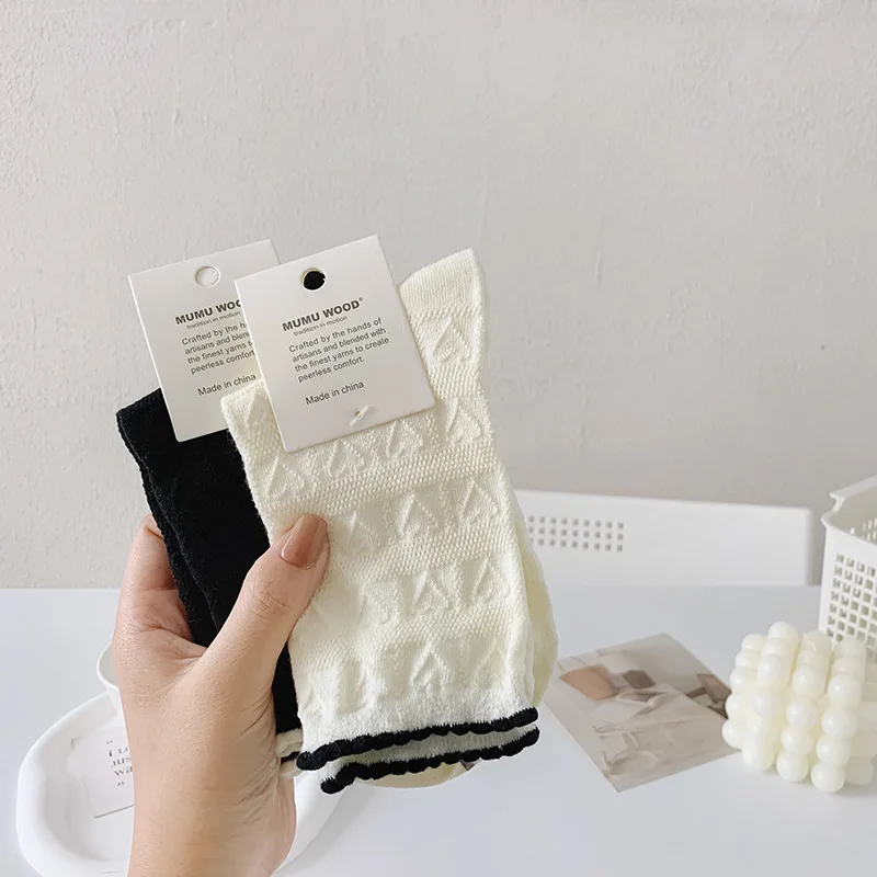 

White long socks women's mid-tube socks autumn style ins cotton black lace Korean Japanese autumn style pile socks