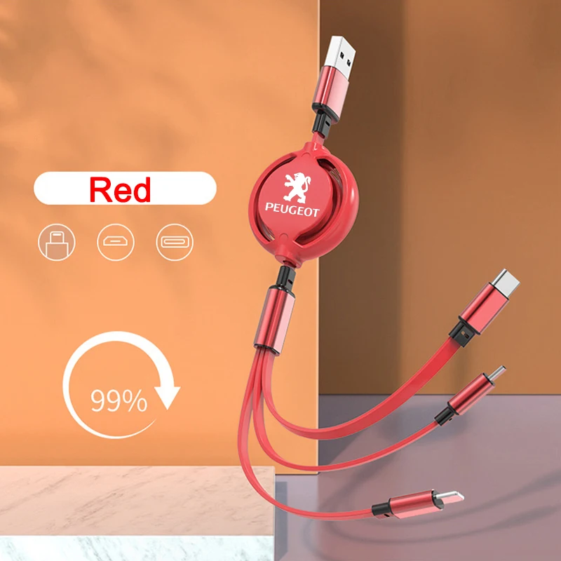

Автомобильный выдвижной микропровод для передачи данных 3 в 1, USB типа C, 100 Вт, быстрая зарядка для Peugeot 206 207 307 407 408 308 607 508 3008 2008