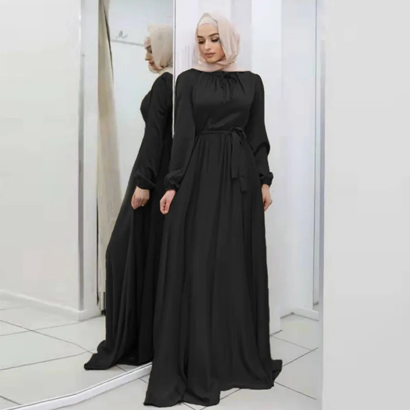 Muslim Abayas For Women 2023 Satin Long Dress Ramadan Belted Dubai Turkey Arabic African Maxi Dresses Islam Clothing Robes Black