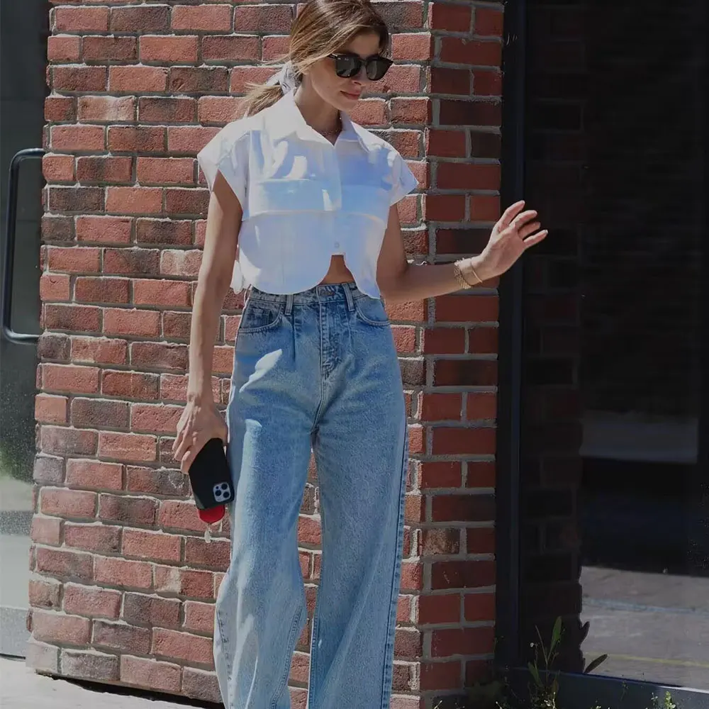 Женская Мода Однотонный Короткий Джинсовый Жилет DUOPERI Повседневный Топ С Двумя