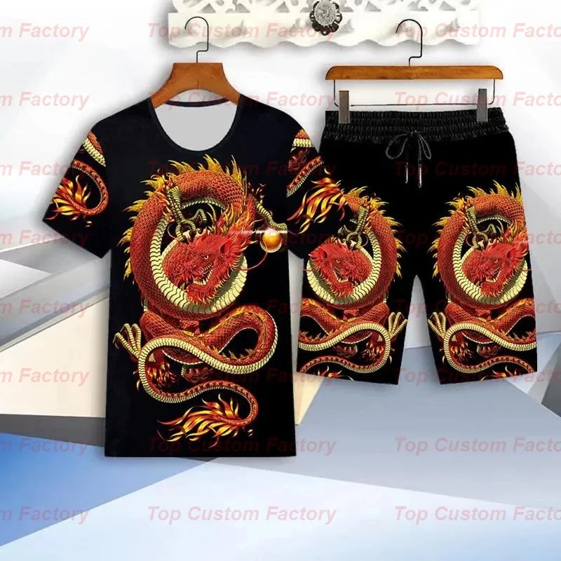 New Men's 2-Piece Summer Short Sleeve Suit Dragon 3 Print Sports Suit Street Jogger Clothing Fashion Oversized Tracksuit Outfits