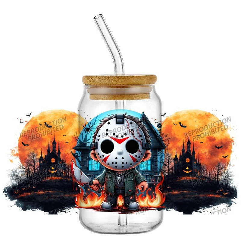 Фото Новые 3D-наклейки Mask Killer 16oz для стеклянных банок 16oz, УФ DTF-пленка для стаканов, 3D-серия «Ужас», переводные наклейки для телефонов, водонепроницаемые, для самостоятельного изготовления №1