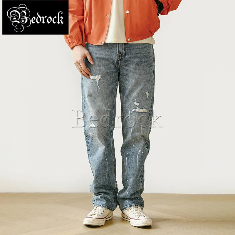 MBBCAR 14.5oz vintage heavy washed splash-ink embroidery hole jeans men original high street selvedge denim straight pants 7463