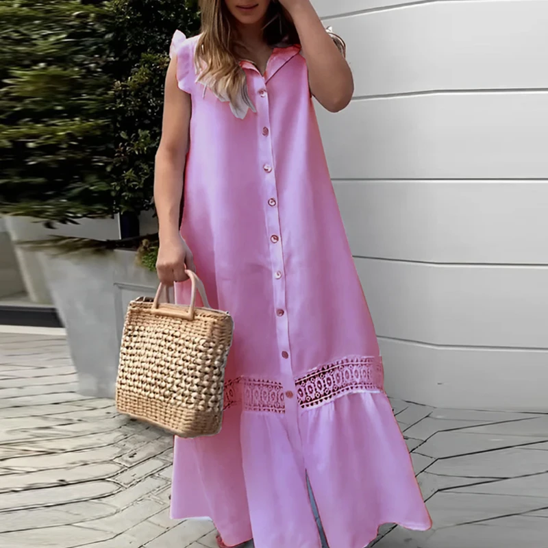 

Women Casual Turn-down Collar Button Long Dress Spring Embroidery Lace Patchwork Maxi Dress Summer Butterfly Sleeve Loose Dress