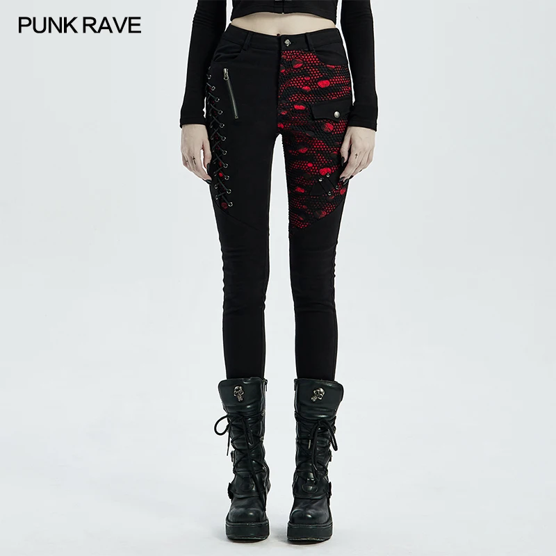 PUNK RAVE Women's Punk Blood Dark Denim Trousers Stitching Printed Skinny Pants Eyelet Through Rope and Zipper Design Decoration