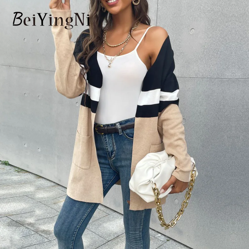 

Beiyingni Casual Women's Cardigan Spell Color Striped Long Sleeve Pockets Khaki Femme Sweater Fashio Streetwear Long Loose Tops