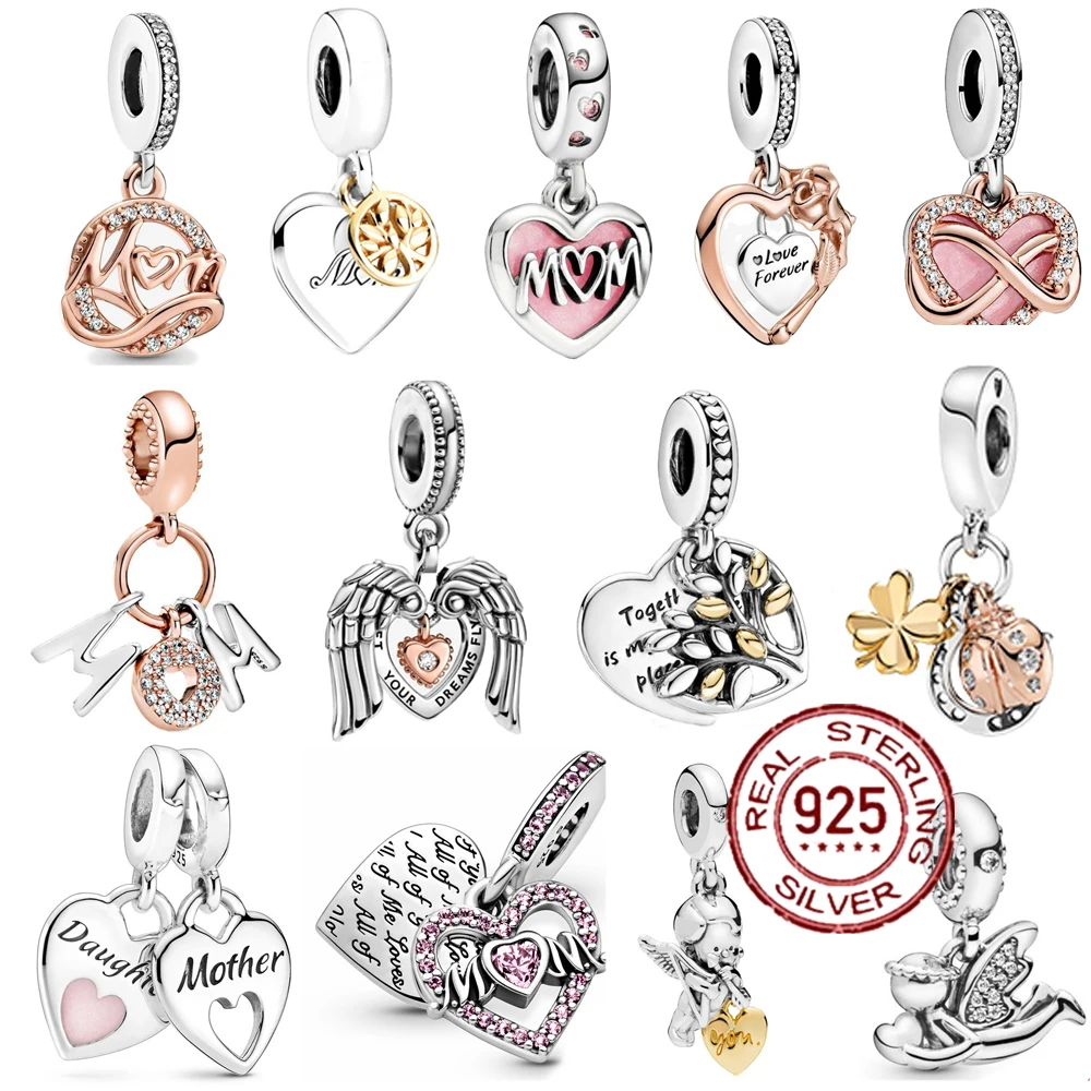 

NEW 925 Sterling Silver Heart Mom Family Dangle Dream Catcher Beads Charms Fit Original Bracelet For Women DIY Jewelry