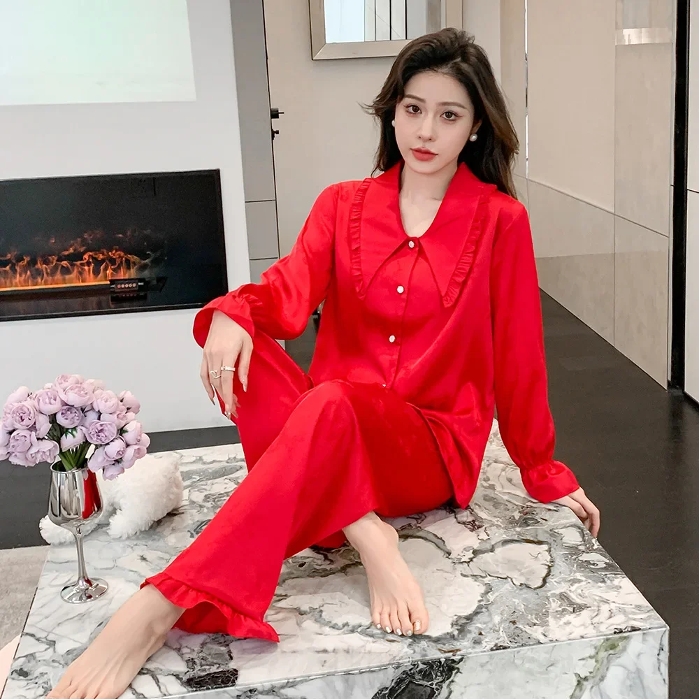 Новые весенние шелковые пижамы женские кукольные воротники жаккардовые красные