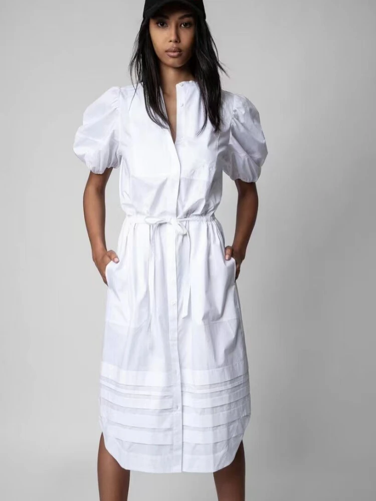 

Women Dress 2022 Spring Summer New Solid Color Single-breasted Lace-up Puff-sleeved Short-sleeved Women Casual Mid-length Dress