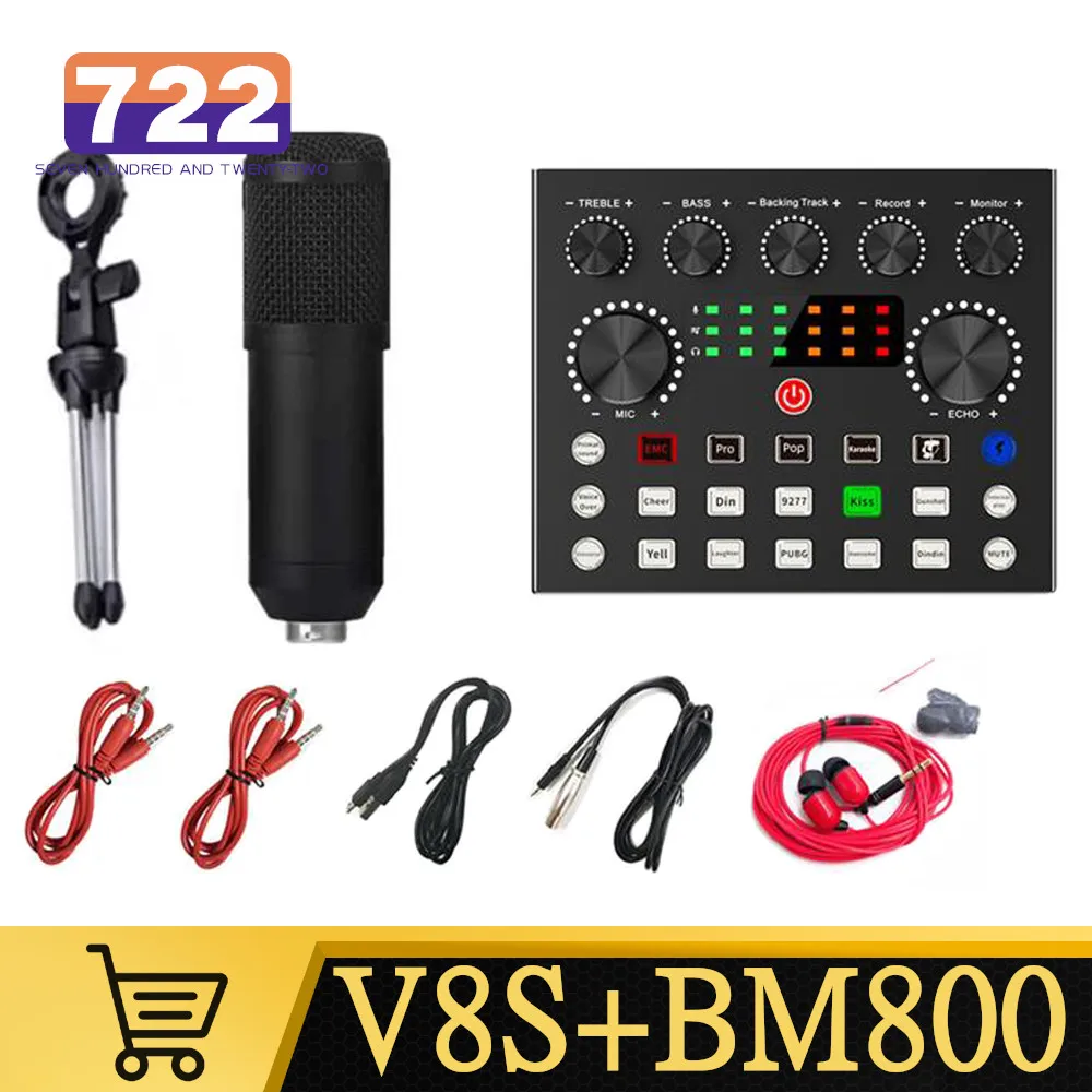 

Микшер для живого звука V8S, звуковая карта + микрофон BM800, внешняя звуковая карта USB, устройство для изменения голоса в реальном времени для ст...