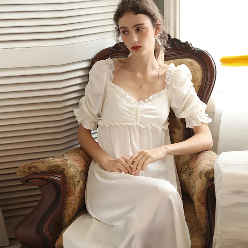 

Women Summer French Sexy Lace Ruffle Vintage Nightgowns Satin Night Dress Peignoirs Ladies Fairy Sleep Dress Princess Sleepwear