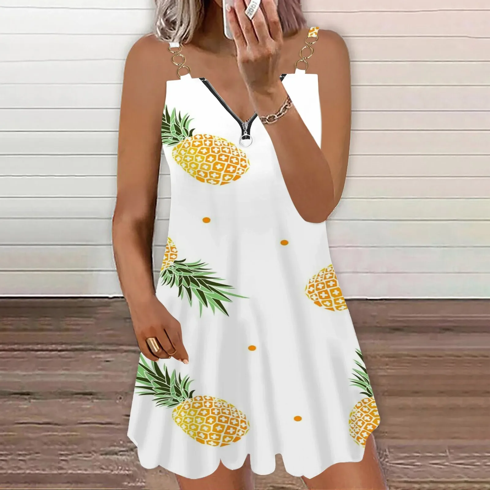 Женское платье с принтом фруктов летнее V-образным вырезом на молнии коротким
