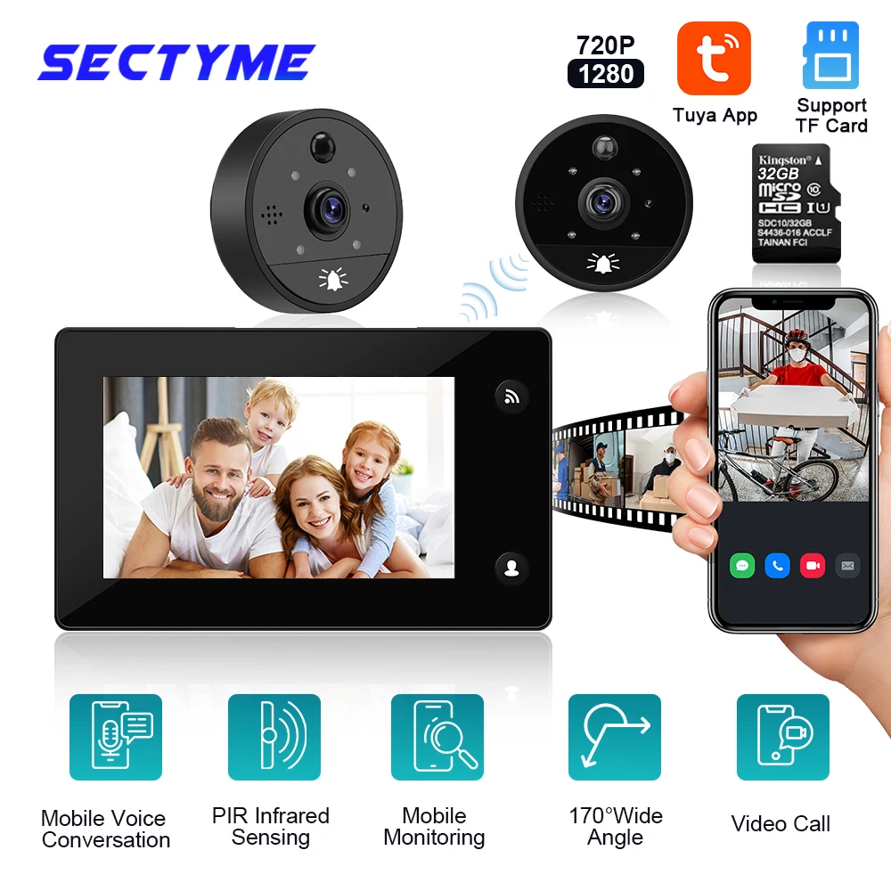 Sectyme Tuya Video Doorbell Camera 170 Degree Angle Peephole Viewer Smart Home 4.3 inch WIFI Outdoor Cat Eye Visual Doorbell