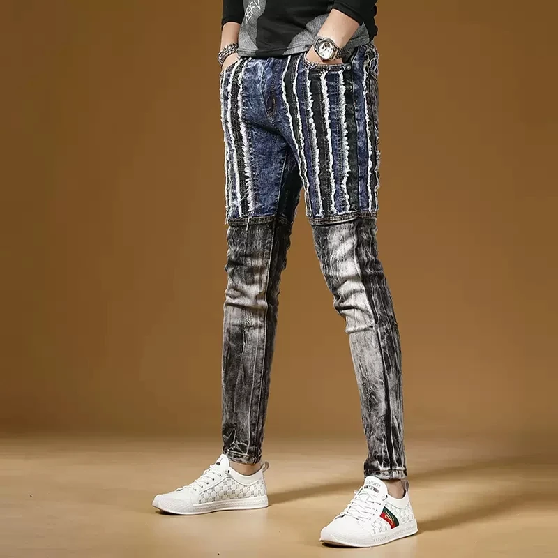 Black Blue Patchwork Jeans Men Autumn Casual Slim Fit Pencil Pants Streetwear Fashion Cotton Stretch Denim Trousers CP2018