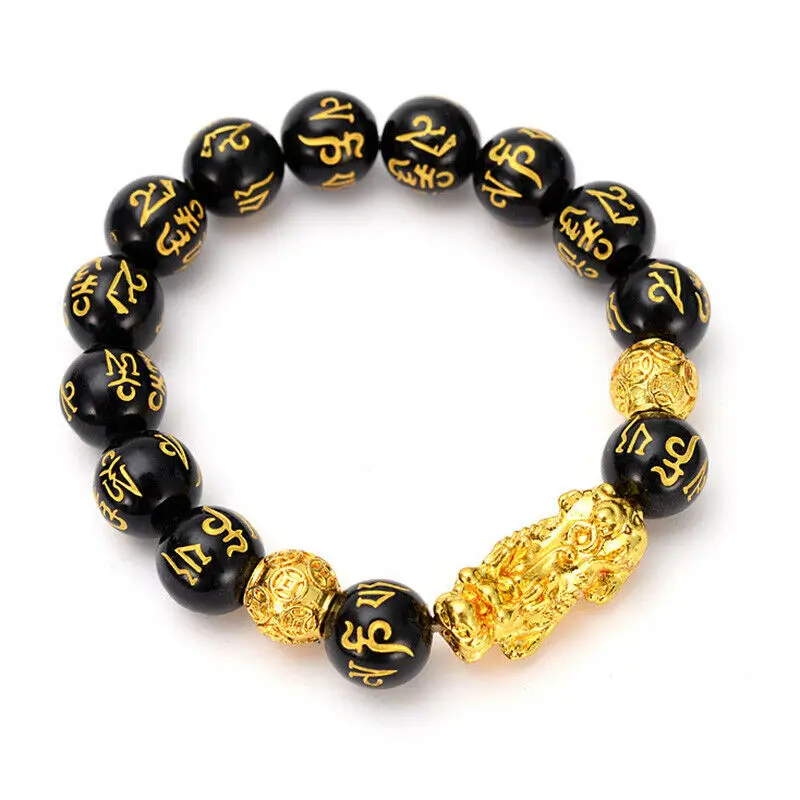 

Feng Shui Obsidian Stone Beads Bracelet Men Women Unisex Wristband Gold Black Pixiu Wealth Good Luck Women Bracelet