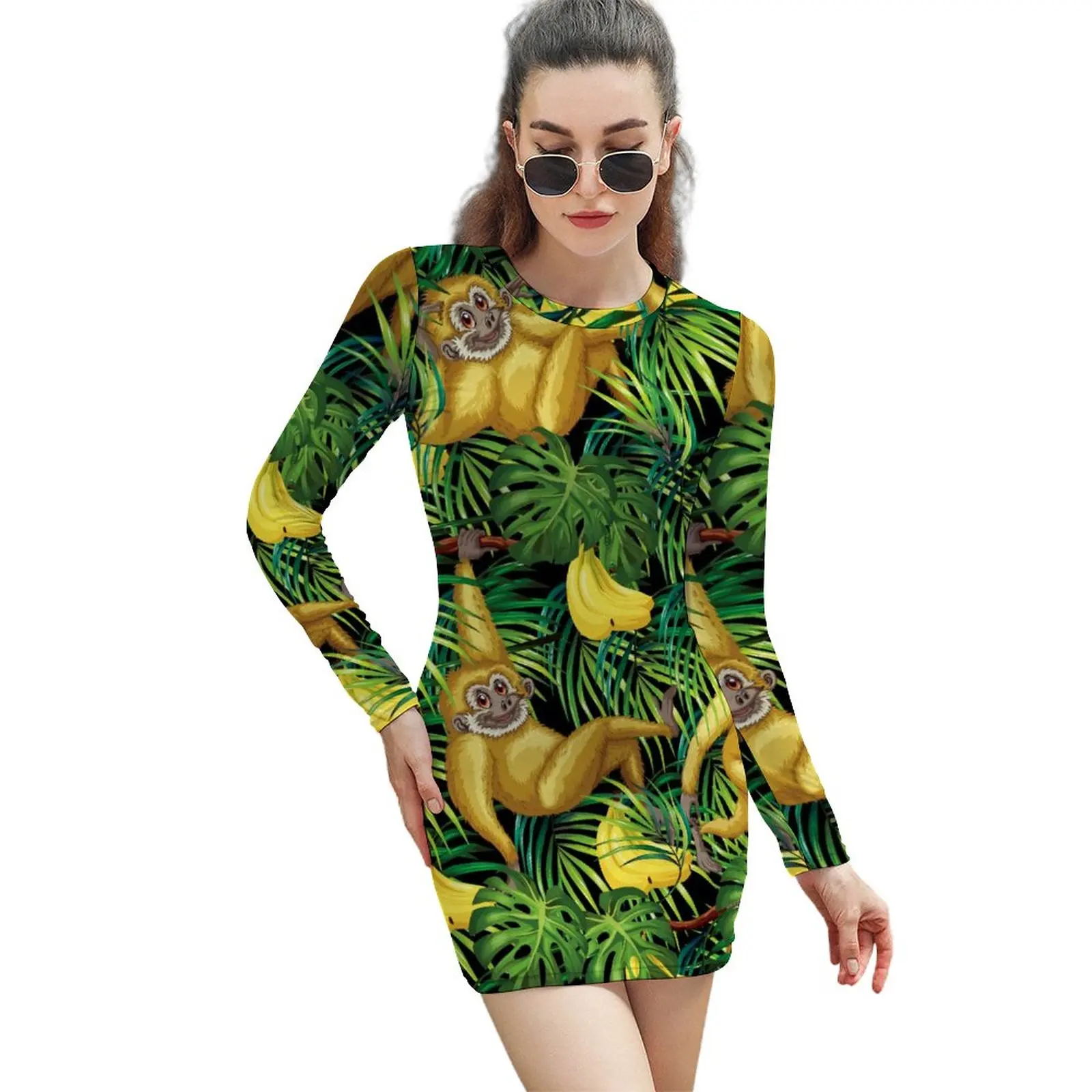 

Monkey Print Bodycon Dress Ladies Tropical Banana Jungle Club Dresses Summer Long Sleeve Street Style Graphic Dress Large Size