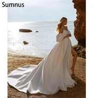 sumnus beach simple stain wedding dress 2022 high slit short sleeves vestidos de novia robe de mari%c3%a9e sweep train custom made