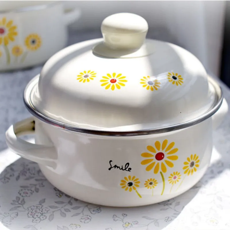 

Enamel Enamel Noodle Pot Small Soup Soup Pot Cute Double Japanese Pot Pot Milk Ear Bottom Thickened Household Flat Pot