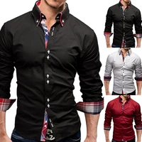 top plaid turn down collar long sleeve shirt solid color slim fit men patchwork top