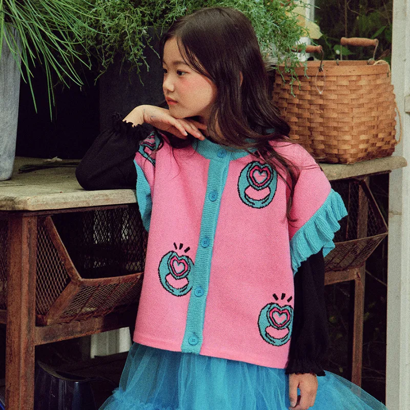 Girls Knitted Vest 2022 Autumn New Print Korean Girls Sweater Fashion Blue Girls Yarn Skirt Cotton T-shirt Children's Clothing