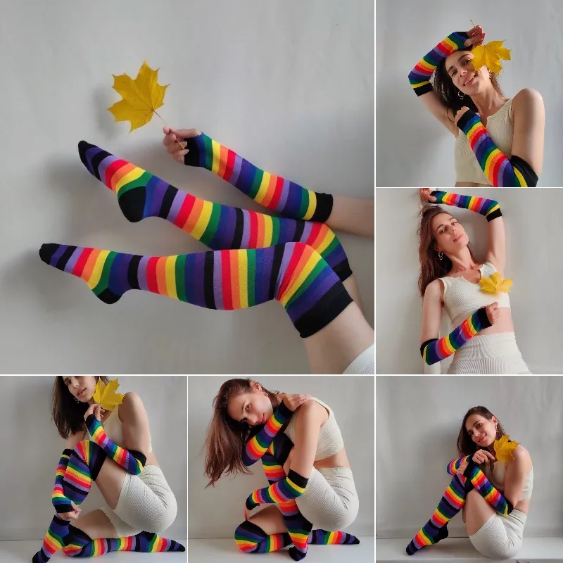 New Colorful Rainbow Stockings Thigh Knee Socks Warm Striped Arm Warmer Gloves Christmas Gifts Women Lolita Cosplay Costume