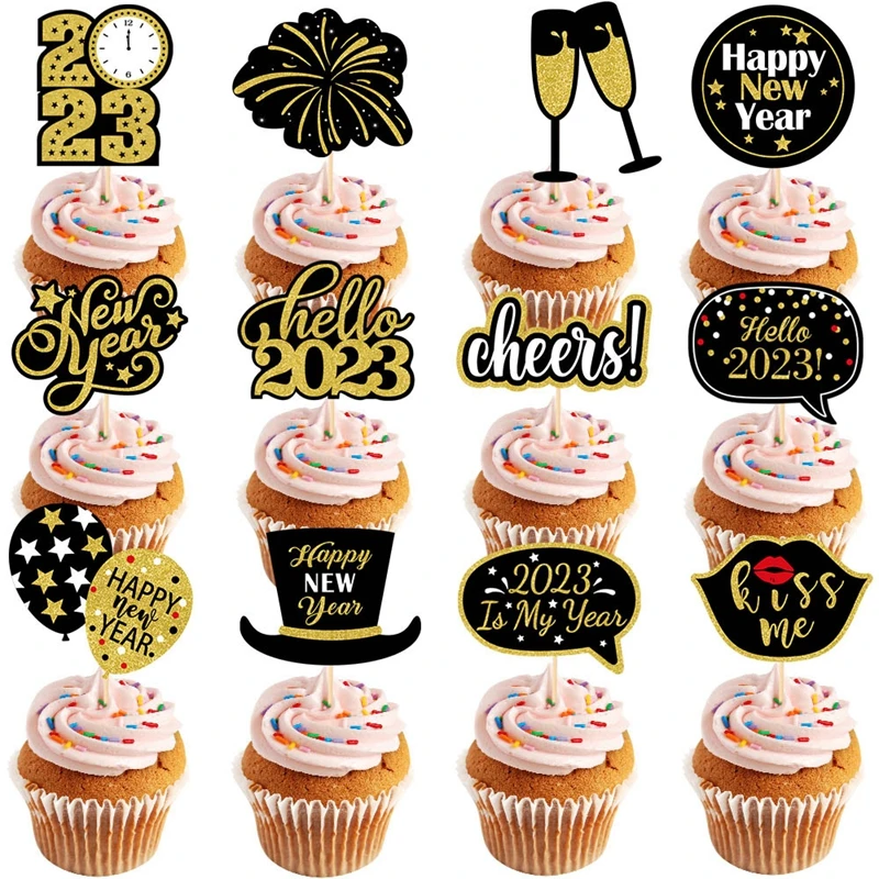 

12pcs 2023 Cake Topper Black Gold Happy New Year Cupcake Topper for Christmas New Year Eve Party Baking Cake Decoration Supplies